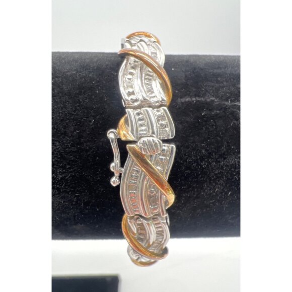 Gold & Silver Tone Bracelet W/ Cubic Zirconia Accents 7 Inches Elegant Design Se - Picture 2 of 5